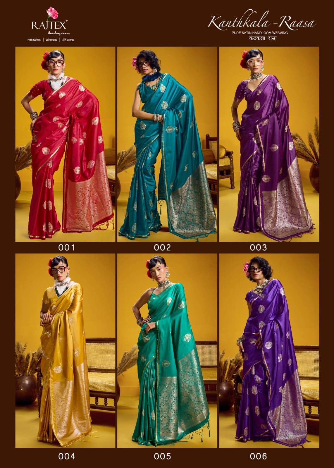 Kanthkala Raasa By Raj Tex 001 to 006 Series Indian Traditional Wear Collection Beautiful Stylish Fancy Colorful Party Wear & Occasional Wear Satin Crepe Sarees At Wholesale Price